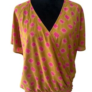 Allison Joy Vibrant Yellow and Pink Faux Wrap Blouse. Chest 21"